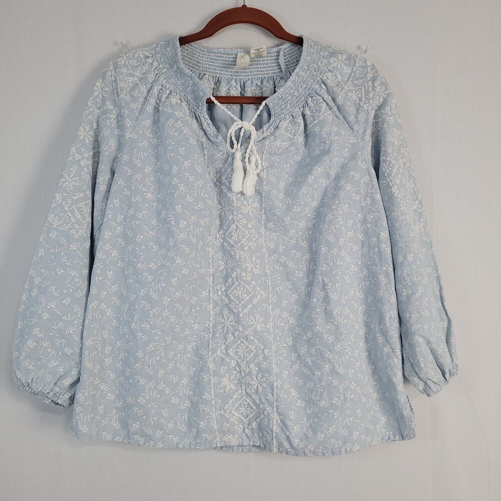 Joie Linen Blend Floral Embroidered Peasant Top size S Blue White Boho Coastal